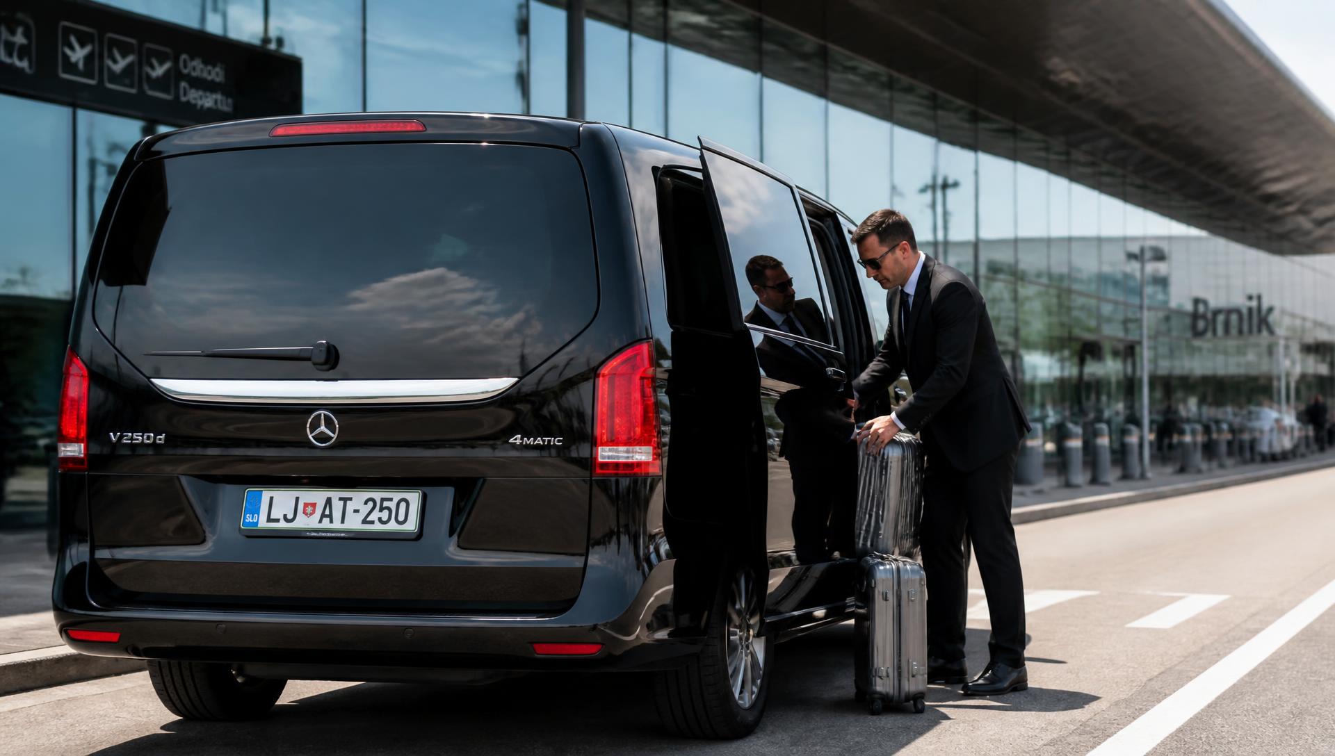 Šofer nalaga kovčke v črni Mercedes V class pred letališkim terminalom podnevi