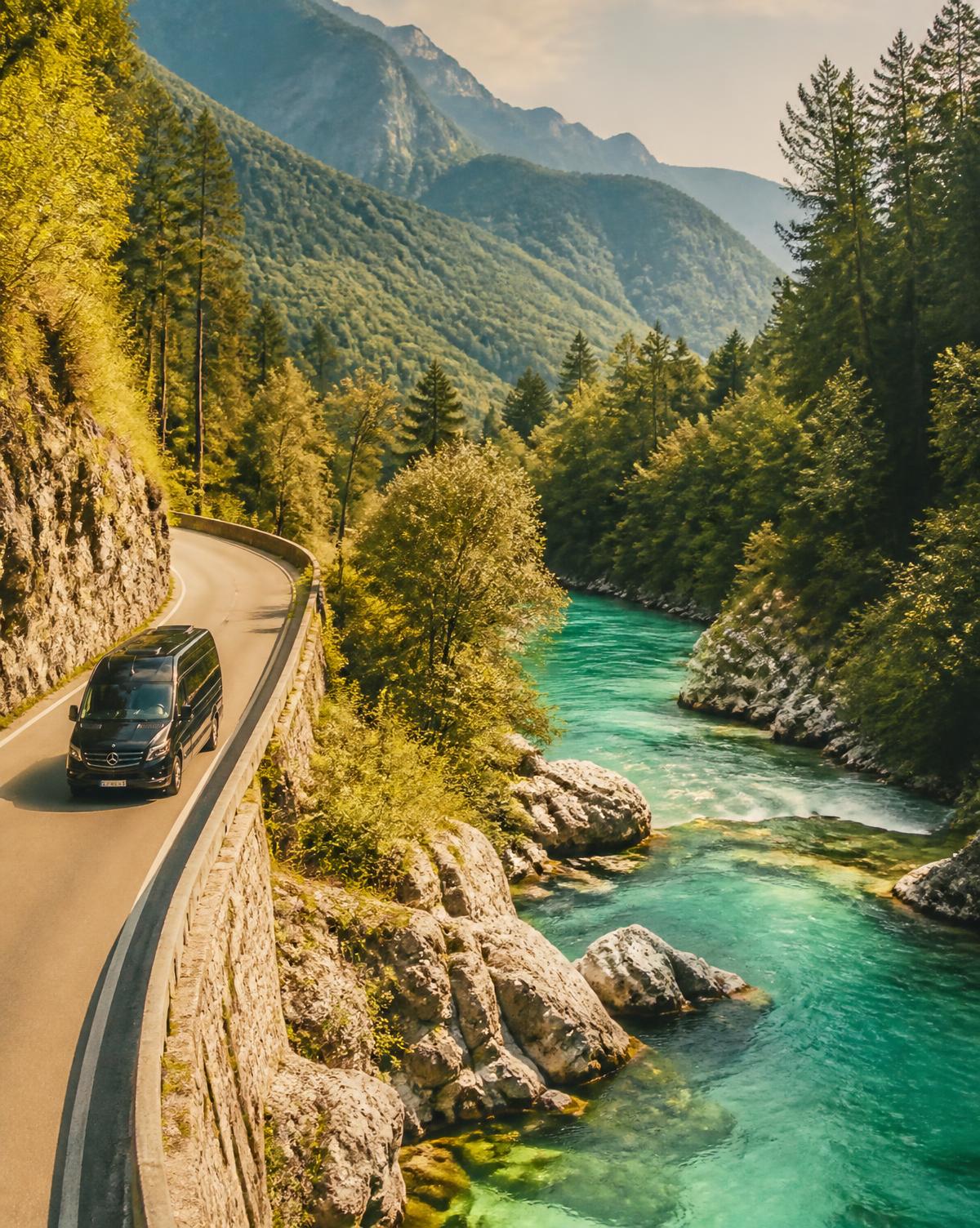 Črn kombi Mercedes V class na cesti nad smaragdno reko Sočo